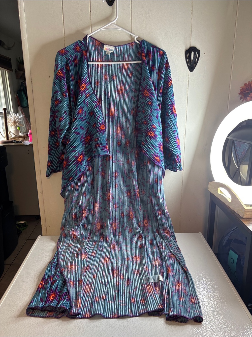 407 - LuLaRoe Teal Floral Pleated Cardigan with Purple & Orange Accents